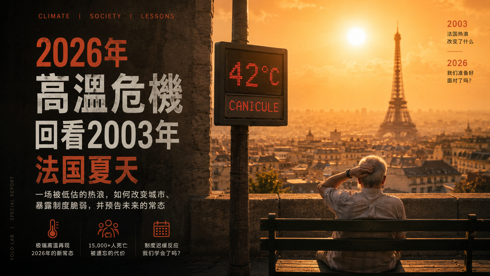 高溫危機專題海報:夕陽下,一名老翁坐在長椅上望向巴黎鐵塔,電子看板顯示 42°C、熱浪,旁有 2026年高溫危機回看2003年法國夏天 文字