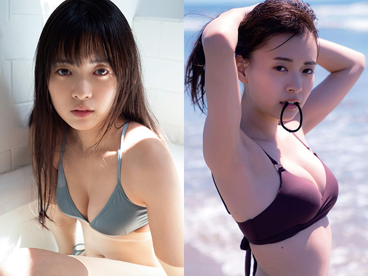 拼接照片:左側女子穿淺藍色比基尼坐在白色浴缸旁;右側女子穿深紫色比基尼站在海邊雙手整理頭髮並咬著髮圈