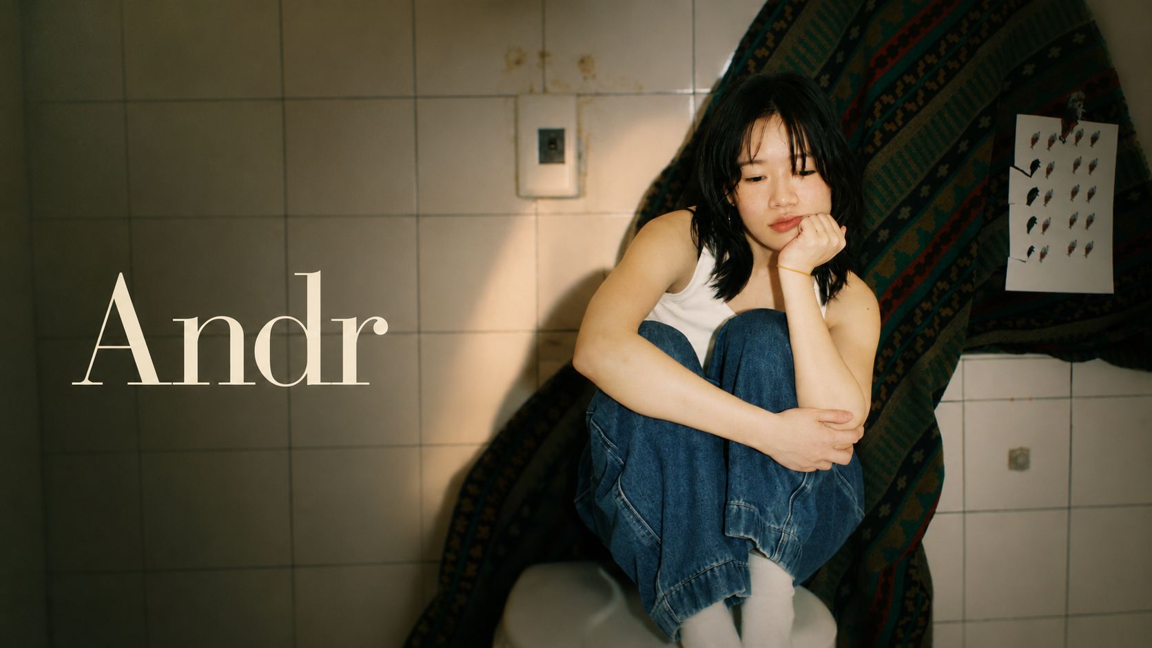 音樂人 Andr 坐在室內、穿白色上衣與牛仔褲的肖像