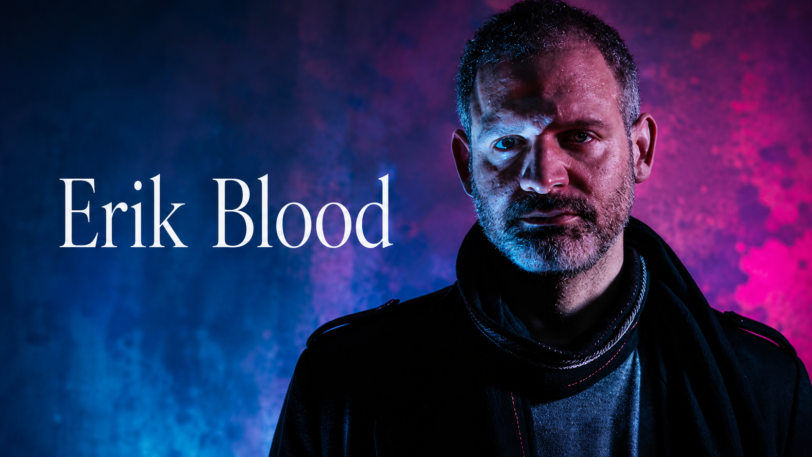 美國製作人 Erik Blood 穿黑色服裝的彩色肖像