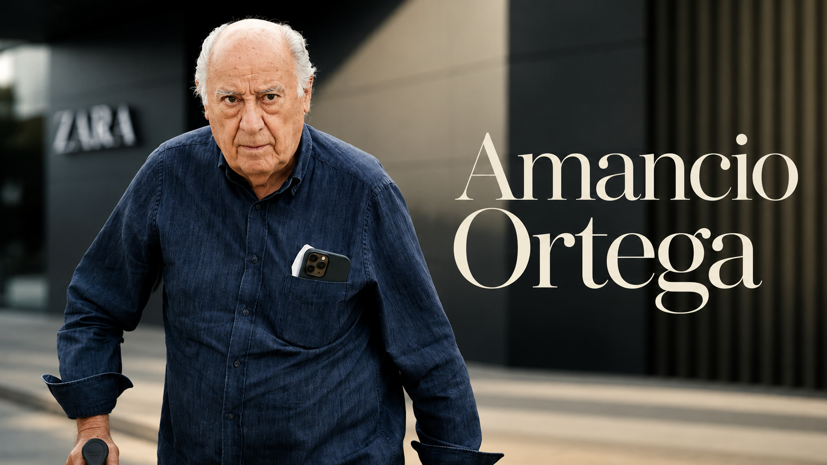 Amancio Ortega穿深藍色襯衫站在 Zara 標誌前，畫面標示 Amancio Ortega