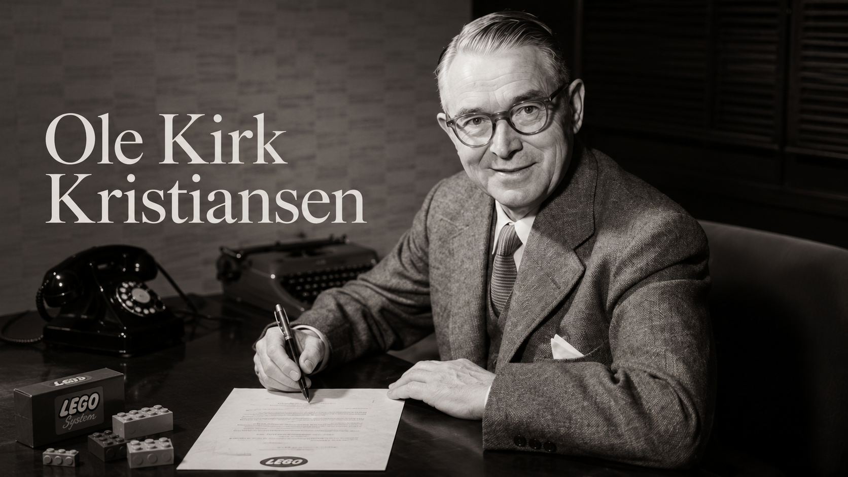 Ole Kirk Kristiansen肖像照,搭配LEGO積木系統與品牌策略專題