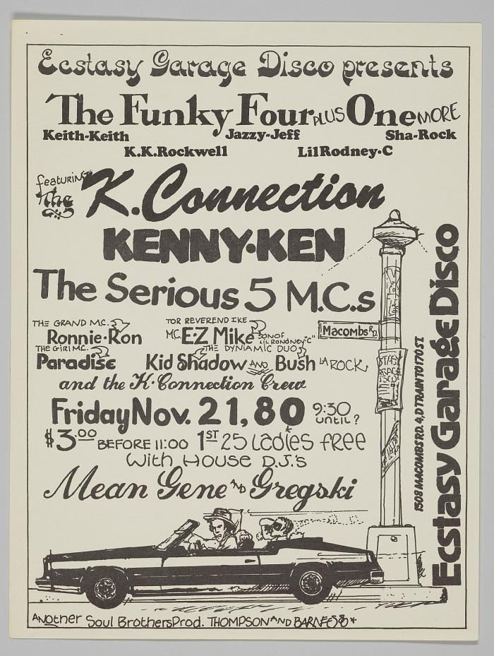 National Museum of African American History and Culture 收藏的 Funky Four Plus One More 活動傳單,列出 MC Sha-Rock