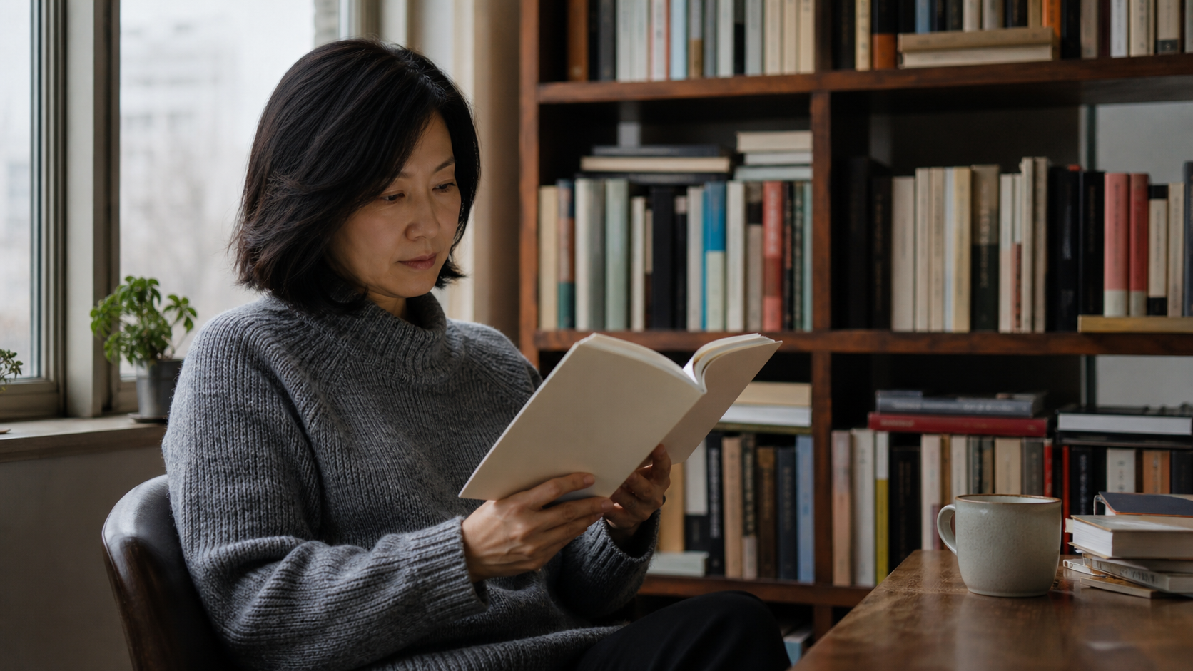 虛構成年女性在書房閱讀無品牌短篇小說集,呈現安靜的閱讀情境