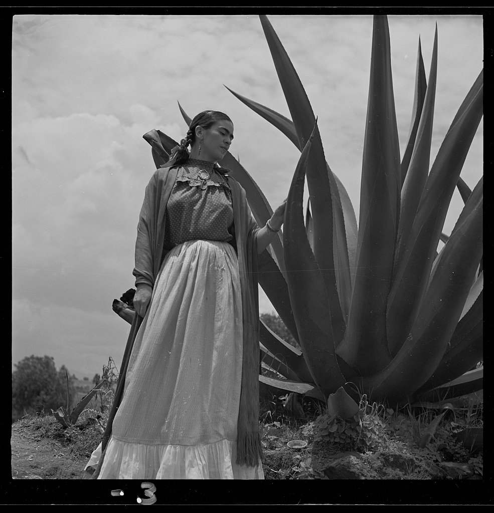 Frida Kahlo 於 1937 年 Vogue《Senoras of Mexico》拍攝中站在龍舌蘭旁,Toni Frissell 攝,Library of Congress