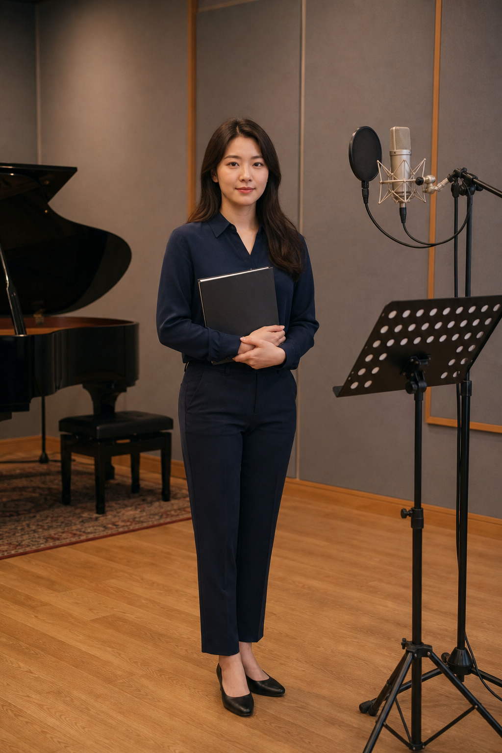 一位虛構的成年韓國女性歌手在專業錄音室站在麥克風與樂譜架旁,手持筆記本