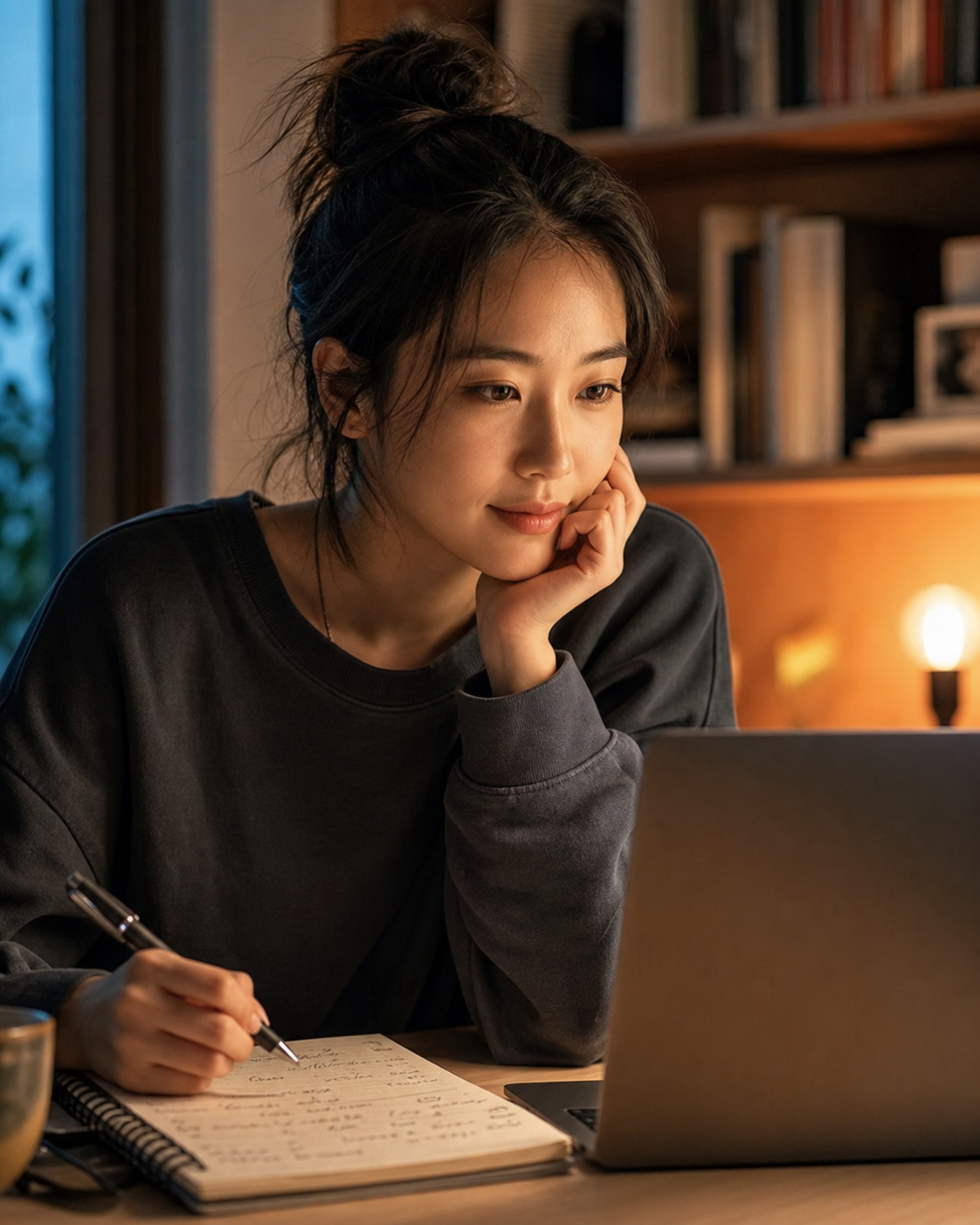 一位成年女性在家中看著筆電上的表演、並在筆記本記下節奏與隊形觀察