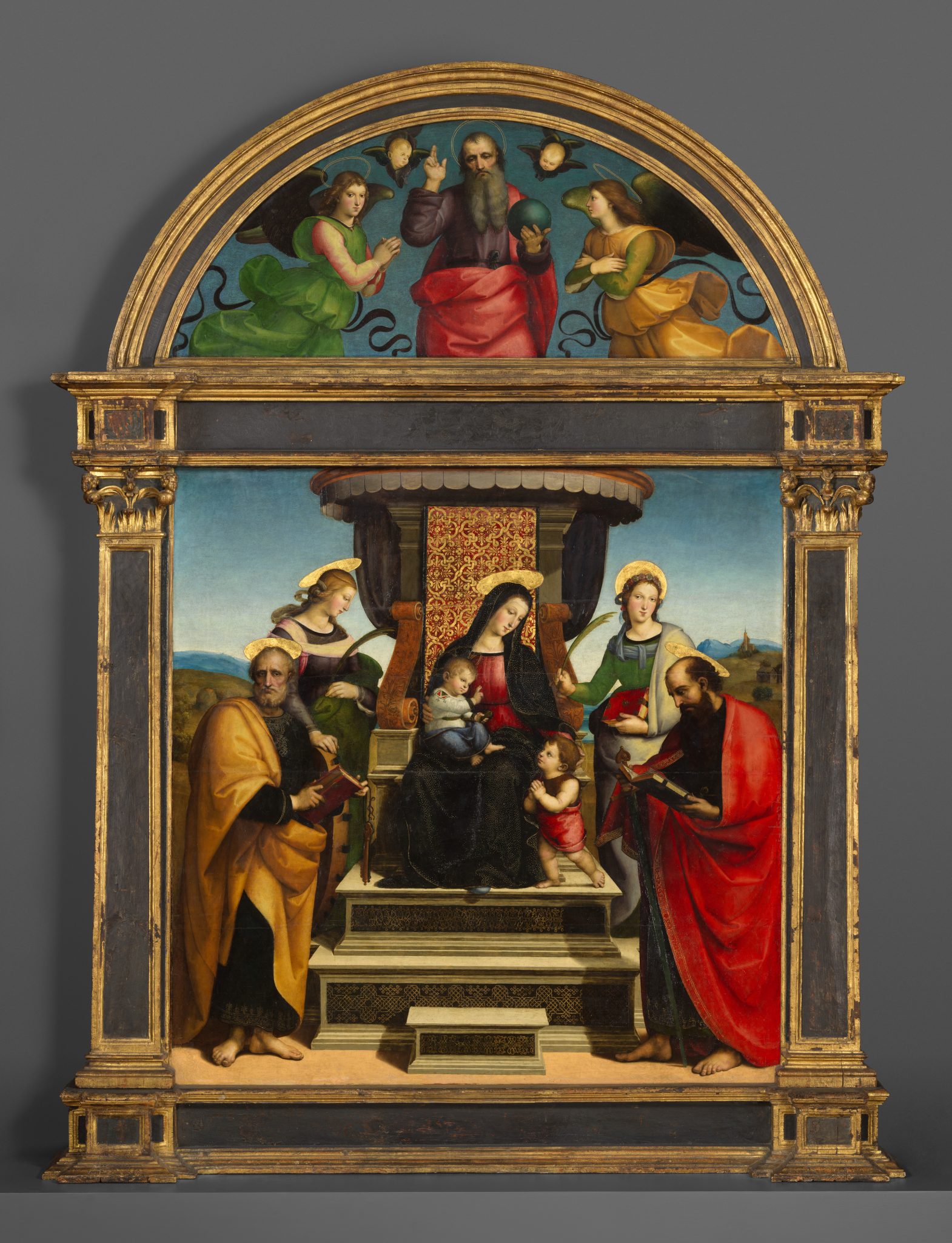 Raphael〈Madonna and Child Enthroned with Saints〉約 1504 年油彩與金色顏料木板畫；Metropolitan Museum of Art 館藏 16.30ab／物件 437372