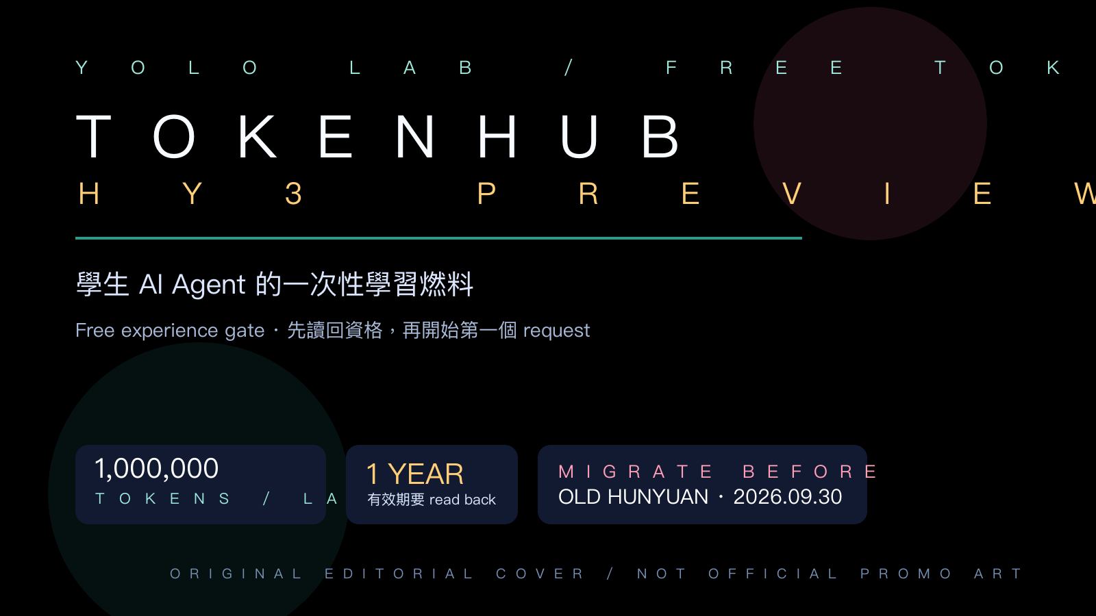 以 Tencent TokenHub、Hy3 Preview、一百萬 tokens、一年有效期與舊 Hunyuan 遷移呈現 YOLO LAB 原創學生 AI Agent 封面