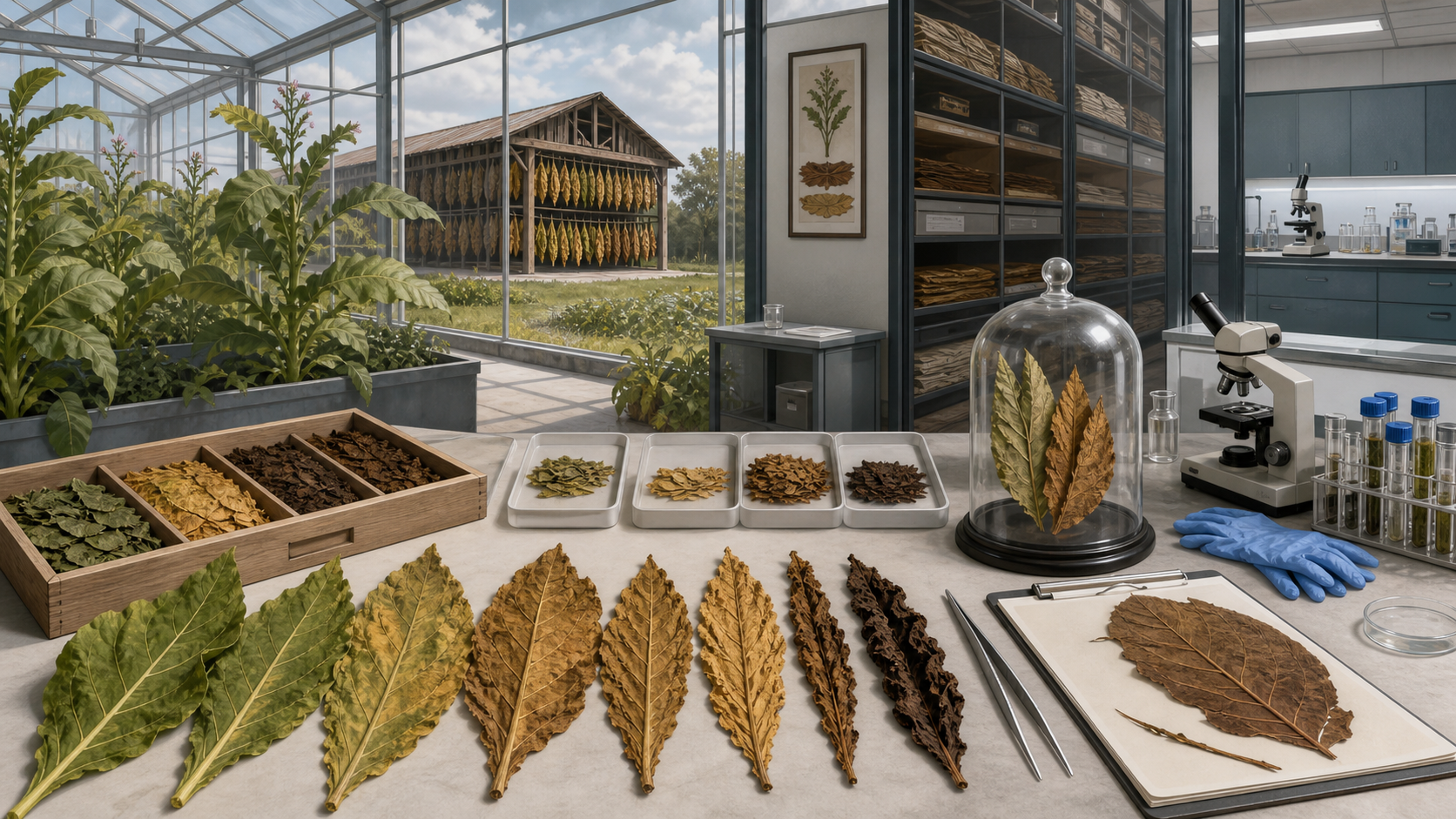 研究人員比較不同菸草葉片與乾燥加工樣本的原創編輯圖