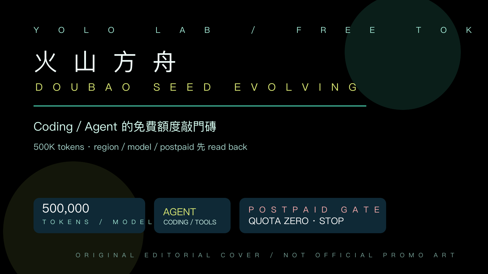 以火山方舟、Doubao Seed Evolving、Coding、Agent、五十萬 tokens 與 postpaid stop gate 呈現 YOLO LAB 原創學生 AI Agent 封面