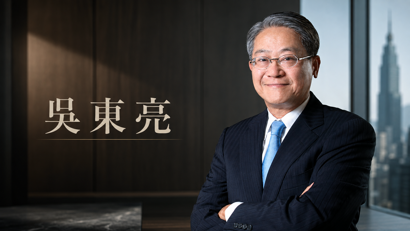 吳東亮穿深色西裝與藍色領帶、戴眼鏡站在室內,背景可見城市景色
