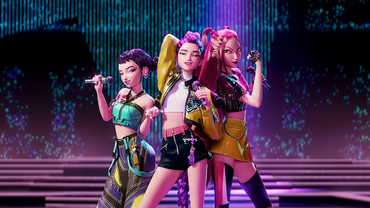 Netflix Tudum《KPop Demon Hunters》中的 Mira、Rumi 與 Zoey 官方畫面